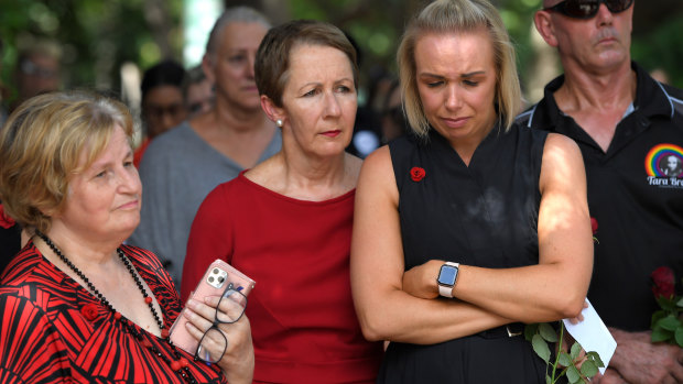 Queensland's domestic violence minister Di Farmer (centre) with Red Rose Foundation chief executive Betty Taylor and domestic violence board member Kelli Morton (right).