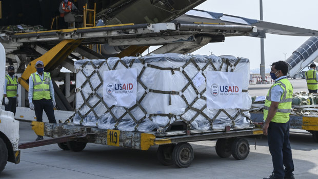 Relief supplies from the United States in the wake of India’s COVID-19 situation arrive at the Indira Gandhi International Airport cargo terminal in New Delhi, India on Friday.