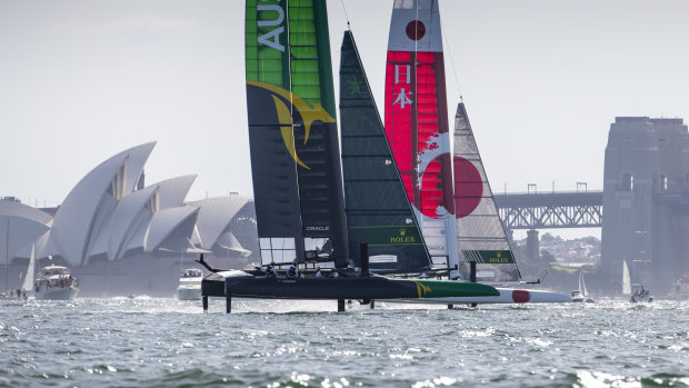 Australia's SailGP Team, skippered by Tom Slingsby, charges around Sydney Harbour in February.
