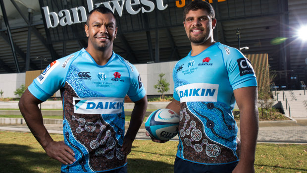 Kurtley Beale, left, and Cody Walker wear the NSW Waratahs' new Indigenous jersey. 