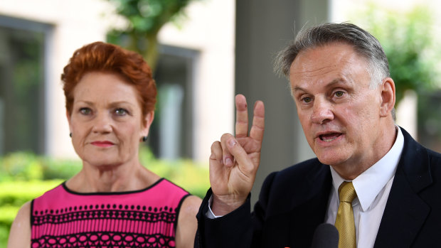 One Nation leader Pauline Hanson with her new candidate,  Mark Latham, in Sydney on Wednesday. 