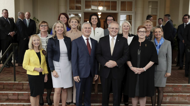 The Prime Minster, Scott Morrison, poses among women in his ministry (and his deputy) in May this year.  