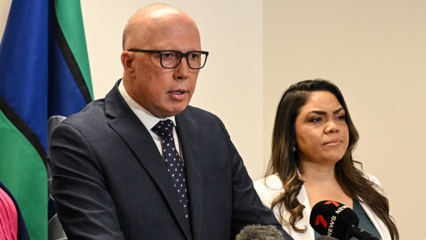 Opposition Leader Peter Dutton with Jacinta Nampijimpa Price in April, two weeks after announcing the Liberal party would formally oppose the Voice.