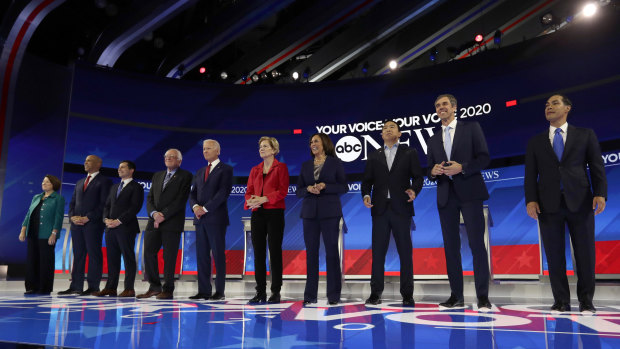 From left, Democratic presidential candidates Amy Klobuchar, Cory Booker, Pete Buttigieg, Bernie Sanders, Joe Biden, Elizabeth Warren, Kamala Harris, Andrew Yang, Beto O'Rourke and Julian Castro are introduced for the primary debate in Texas.