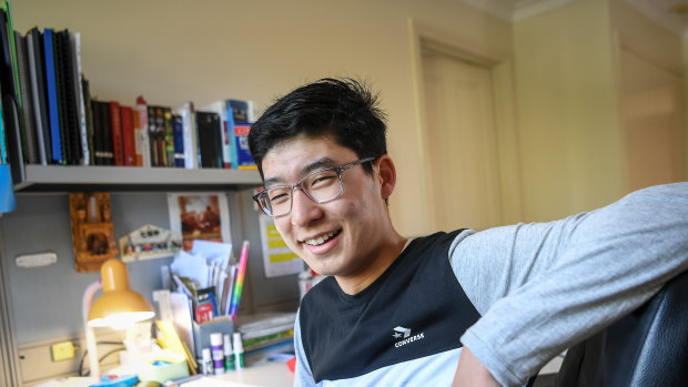 Eugene Wang at home, where he learned on Thursday that he had graduated from Carey Baptist Grammar with a perfect ATAR of 99.95. 
