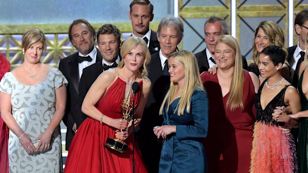 Nicole Kidman accepts a 2017 Emmy for Big Little Lies, which was made by her production house Blossom Films.