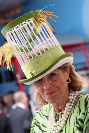 Lillian Frank  in a Kerry Stanley hat in the Emirates marquee in 2008 at the Melbourne Cup carnival.