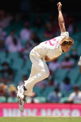 Cameron Green bowls during the third Test at the SCG. He has yet to take a wicket.