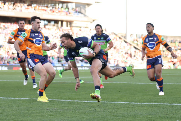 Sebastian Kris crosses for the Raiders in Newcastle.