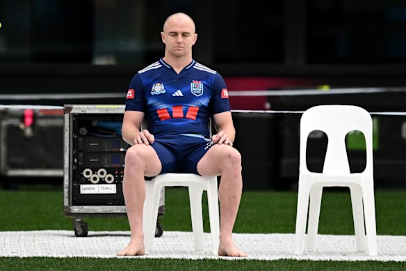 NSW fullback Dylan Edwards takes a minute to reflect at the captain’s run before Origin II.