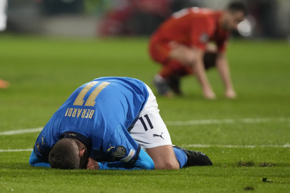 Italy’s Domenico Berardi after missing a chance against North Macedonia.