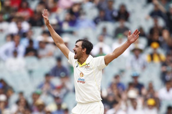 Mitchell Starc appeals for a wicket on Thursday as he bowled despite an injured finger.