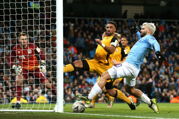 City's Sergio Aguero puts his team back in front against Port Vale at Etihad Stadium in January. 