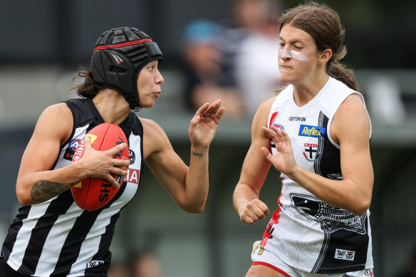 Collingwood’s Brittany Bonnici looks to break clear in the win over St Kilda.