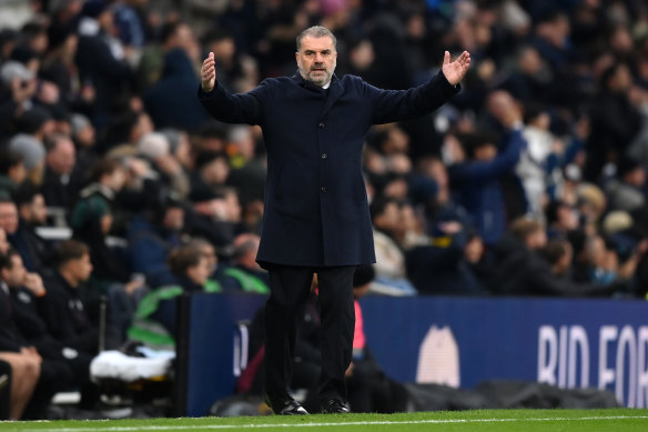 Tottenham manager Ange Postecoglou reacts as his team falls to Aston Villa in the English Premier League on Sunday.