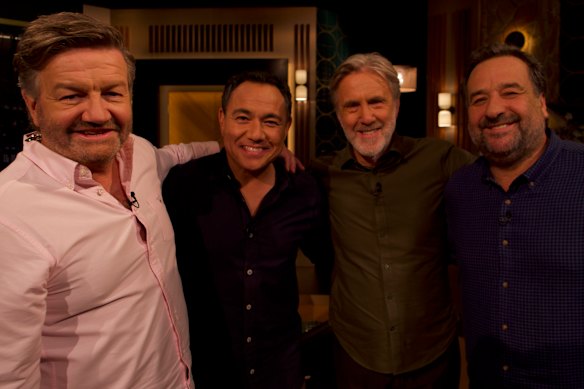 Lawrence Mooney, Sam Pang, Glenn Robbins and Mick Molloy on a recent episode of Glenn & Mick’s Celebrity Intervention.