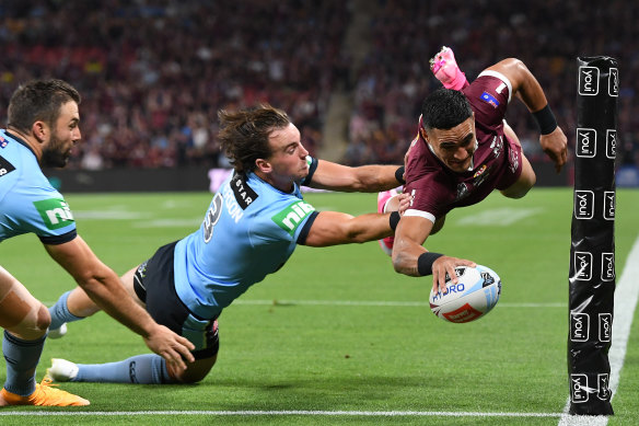 Valentine Holmes scores for Queensland during last year’s Origin decider.