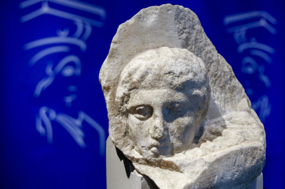 The marble head of a young man, a tiny fragment from the 2500-year-old sculptured decoration of the Parthenon Temple on the ancient Acropolis, that Pope Francis announced in 2008 would be sent back to Greece from the Vatican Museums.