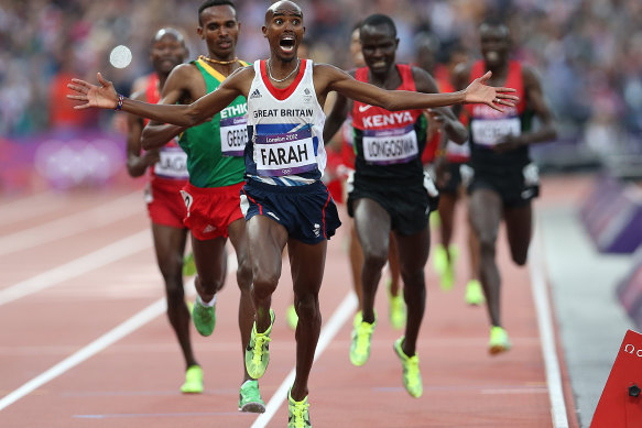 Great Britain’s Mo Farah
wins gold in the 5000 metres in front of a home
crowd at the London 2012 Olympics.