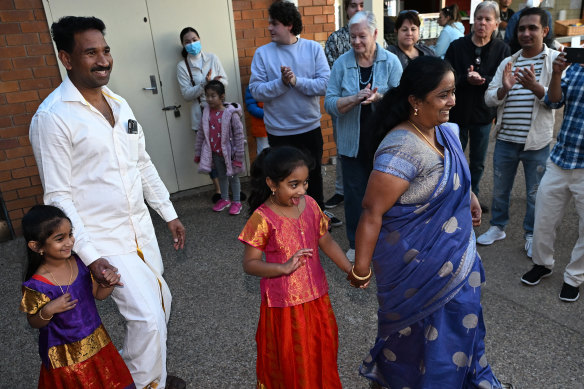 Kopika, Priya ,Tharnicaa and Nades Nadesalingham arrive at the Flourish festival in Biloela on Saturday.