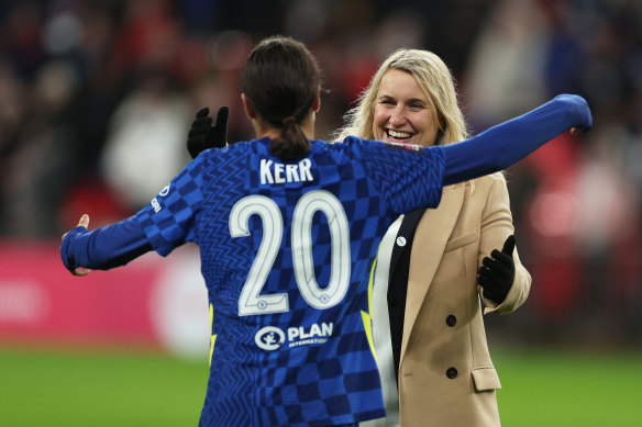Chelsea’s Australian superstar Sam Kerr embraces manager Emma Hayes after victory in the 2021 FA Cup final. They went on to win it again in 2022.