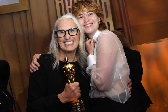 Englert with Campion, and her Oscar for directing The Power of the Dog, in Hollywood in March 2022.