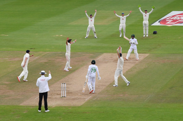 James Anderson of England appeals successfully for the wicket of Pakistan's Abid Ali during day four. 