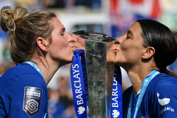 Millie Bright and Sam Kerr celebrate Chelsea’s Women’s Super League title earlier this year.