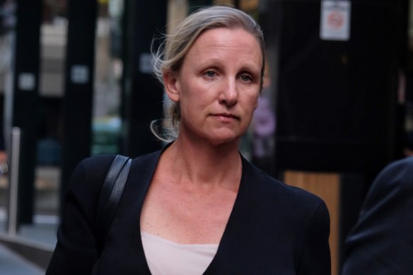 Megan Schutz leaves the IBAC hearings in Melbourne in March.