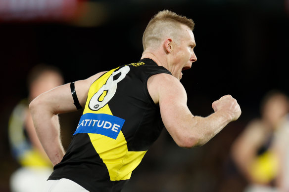 Jack Riewoldt celebrates a goal against the Kangaroos on Saturday.