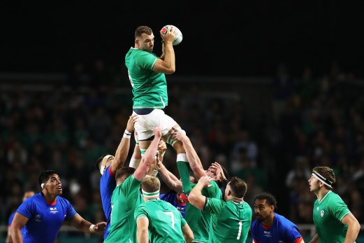 Tadhg Beirne flies high for Ireland against Samoa at Fukuoka Hakatanomori Stadium on Saturday night.