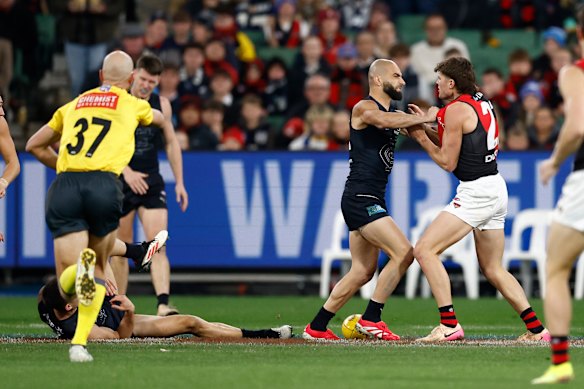 Former Bomber Adam Saad had plenty to say to Sam Durham after his bump on Adam Cerra.