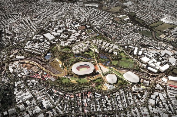 Archipelago’s Brisbane Bold proposal for a stadium precinct at Victoria Park. The Graham Quirk report recommended a less ambitious development, including just a stadium in the north-west corner of Victoria Park.