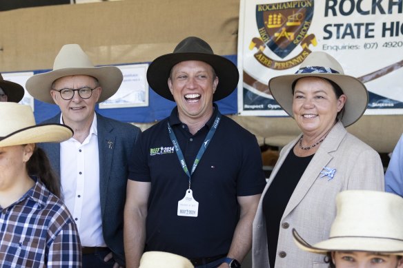 Resources Minister Madeleine King, pictured with Prime Minister Anthony Albanese and Queensland Premier Steven Miles, spoke to the ABC from Beef Week in Rockhampton.