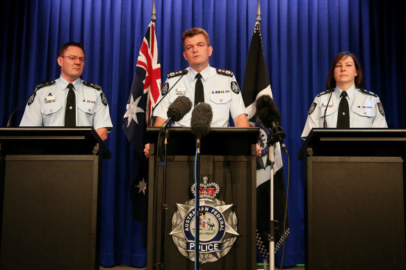 AFP Commissioner Andrew Colvin (centre) addresses the media during a press conference on the organisation’s work during the Bali Nine investigation, at the AFP headquarters, Canberra, 2015. 