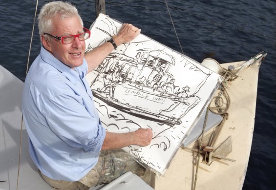 Peter Kingston at work on his boat in Lavender Bay in 2010.