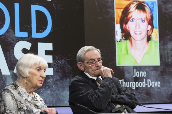 Helen and John Magill speak about the unsolved murder of their daughter, Jane Thurgood-Dove, at the launch of Victoria Police’s cold case hub on Sunday.
