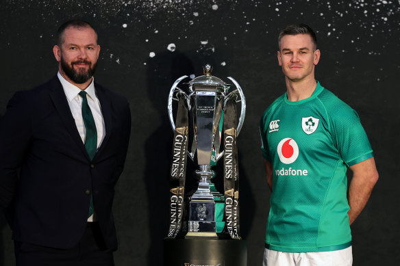 Ireland coach Andy Farrell and Sexton at Monday’s Six Nations launch in London.