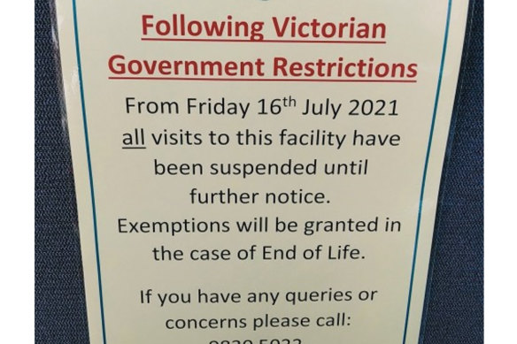 A typical sign in a Melbourne aged care home. This one appeared in a Melbourne home in October despite being against guidelines at the time.