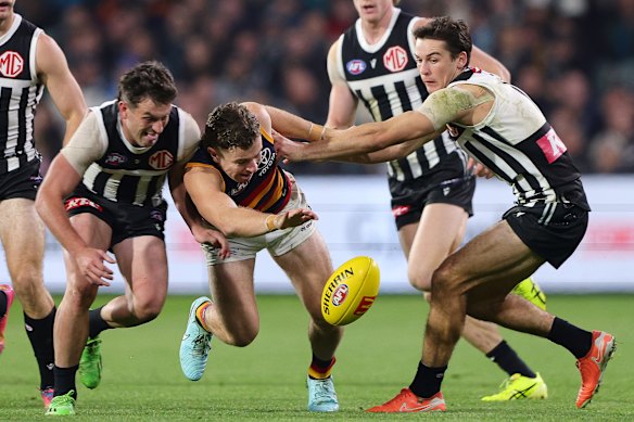 Crow Zac Taylor under pressure from Power stars Zak Butters and Connor Rozee.