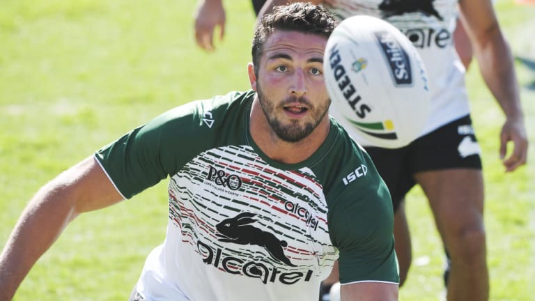 No Wayne, no worries: Souths co-captain Sam Burgess shows the way at training on Monday.