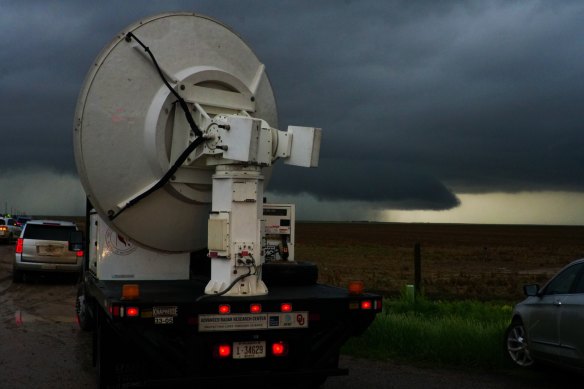 A DOW (Doppler Radar on Wheels) deploys in front of a tornadic supercell in eastern Colorado on Sunday.