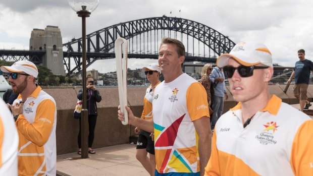 Glenn McGrath during the Commonwealth Games Baton relay in Sydney on February 2 this year.