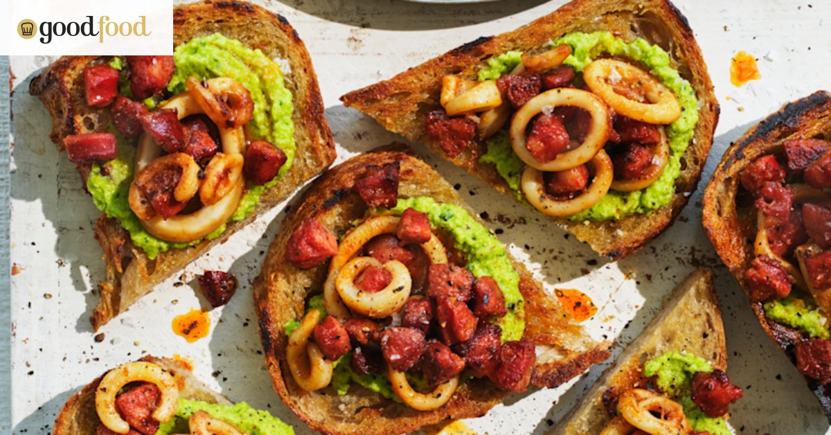 Danielle Alvarez’s broad bean, squid and chorizo crostini