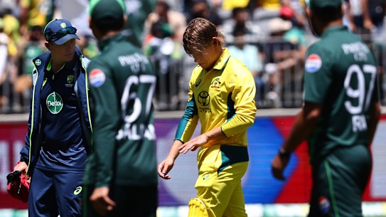 Australia’s Cooper Connolly retired hurt. 