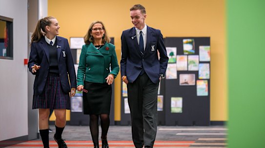 St Andrew’s Christian College principal Catriona Wansborough with school captains Hannah Collis and Harry Rowland.