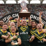 The Kangaroos celebrate victory in the Pacific Championships.