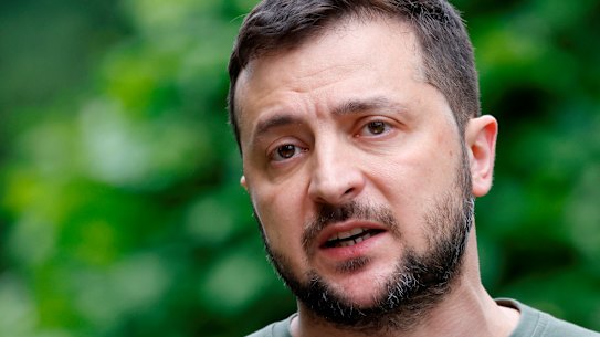 Ukraine President Volodymyr Zelensky speaks to the press in Kyiv in June.