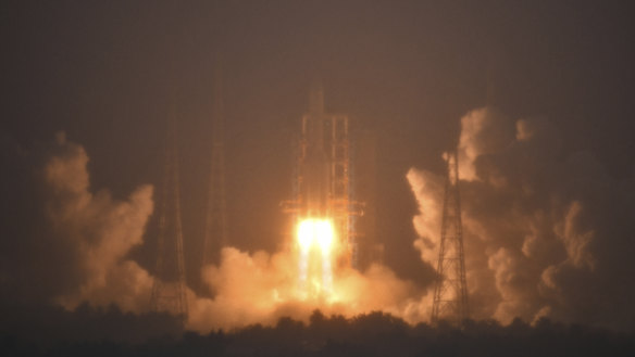 A rocket carrying the Chang’e-6 spacecraft launches in China last month.