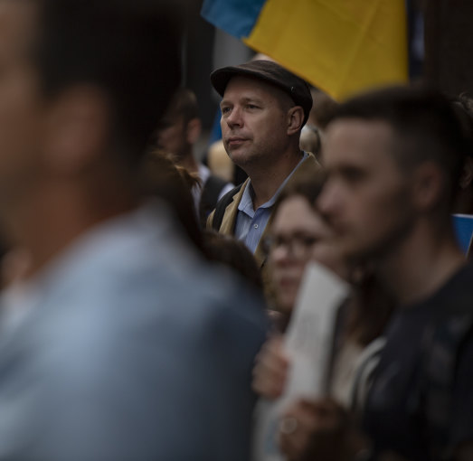 Ivan Pavlenko with other Russians and Ukrainians in Sydney to protest the invasion: “I want Russians to wake up to what’s being done in their name.” 